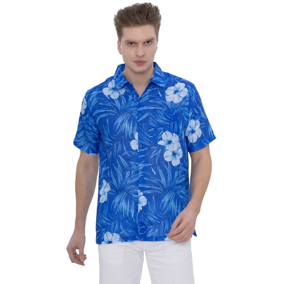 HAPPY BAY Men's Hawaiian Shirt Fashion Button Down Short Sleeves Holidays Aloha Party Casual Tops Summer Beaches Shirts for Men S Blue Floral