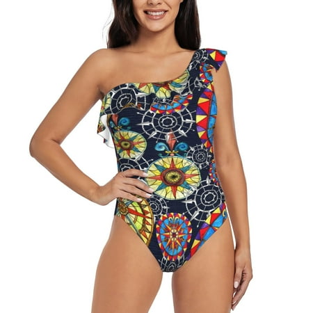 Sikiie Colorful Compasses Print Women One Piece Swimsuits Tummy Control One Shoulder Bathing Suits Ruffle Swimwear  From S to XXL-Large
