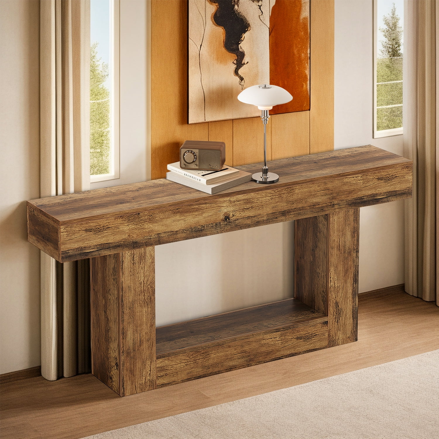 Demi Bonn 63" Wood Console Table, Farmhouse 2-Tier Sofa Table Entryway Table, Foyer Display Table, Brown