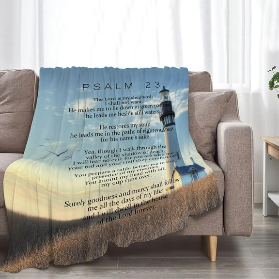 Psalm 23 Blanket Christian Lighthouse Gifts Religious Bible Verse Scripture Throw Blanket Comfy Plush Flannel Fleece Warm Soft Fluffy Fuzzy Blanket for Prayer Women Teens for Bed Sofa Couch 50"X60"