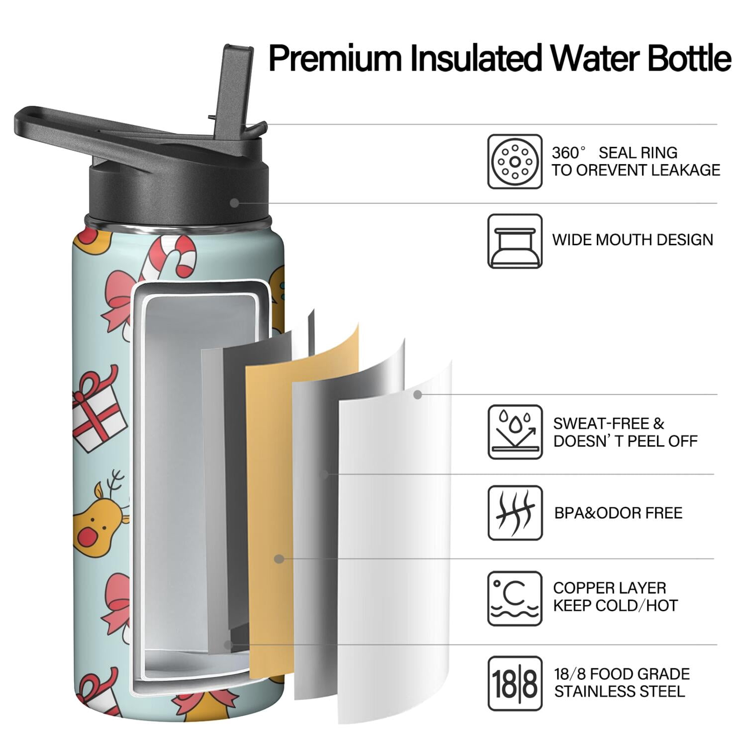 Christmas 18 oz Insulated Stainless Steel Water Bottle with Straw & Cleaning Brush , Leakproof, BPA-Free, 304 Stainless Steel, Wide Mouth, Travel Mug for Car, Gym, Office