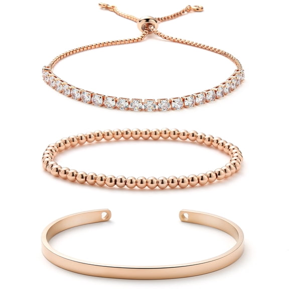 Starain Tennis Bracelets for Women White Cubic Zirconia Bling Bracelet Rose Gold Beaded Bracelet Set