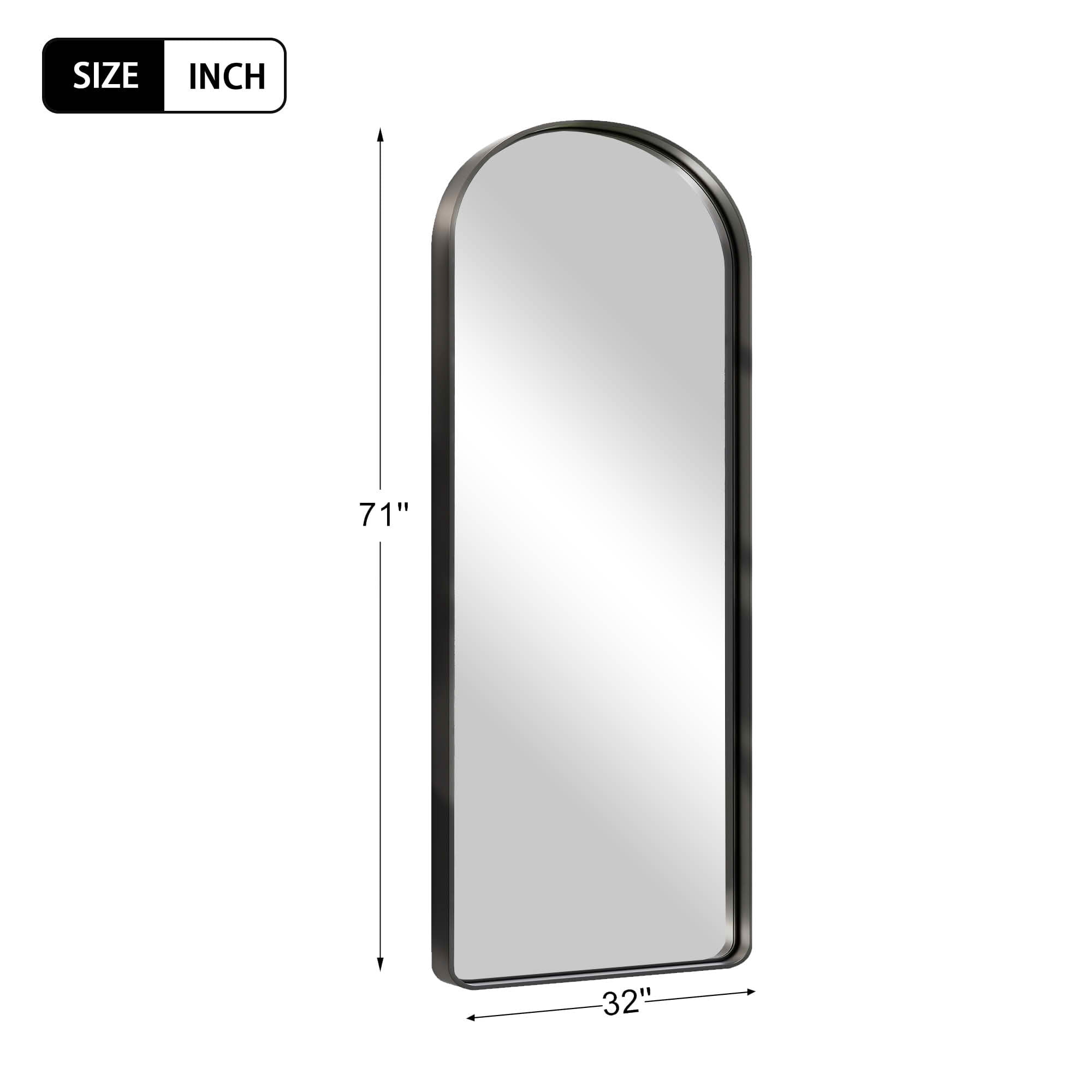 MAYEERTY 71x31x2 Inch Black Painted Aluminum Round Corner Arched Full Length Mirror, Deep, No Stand for Bedroom