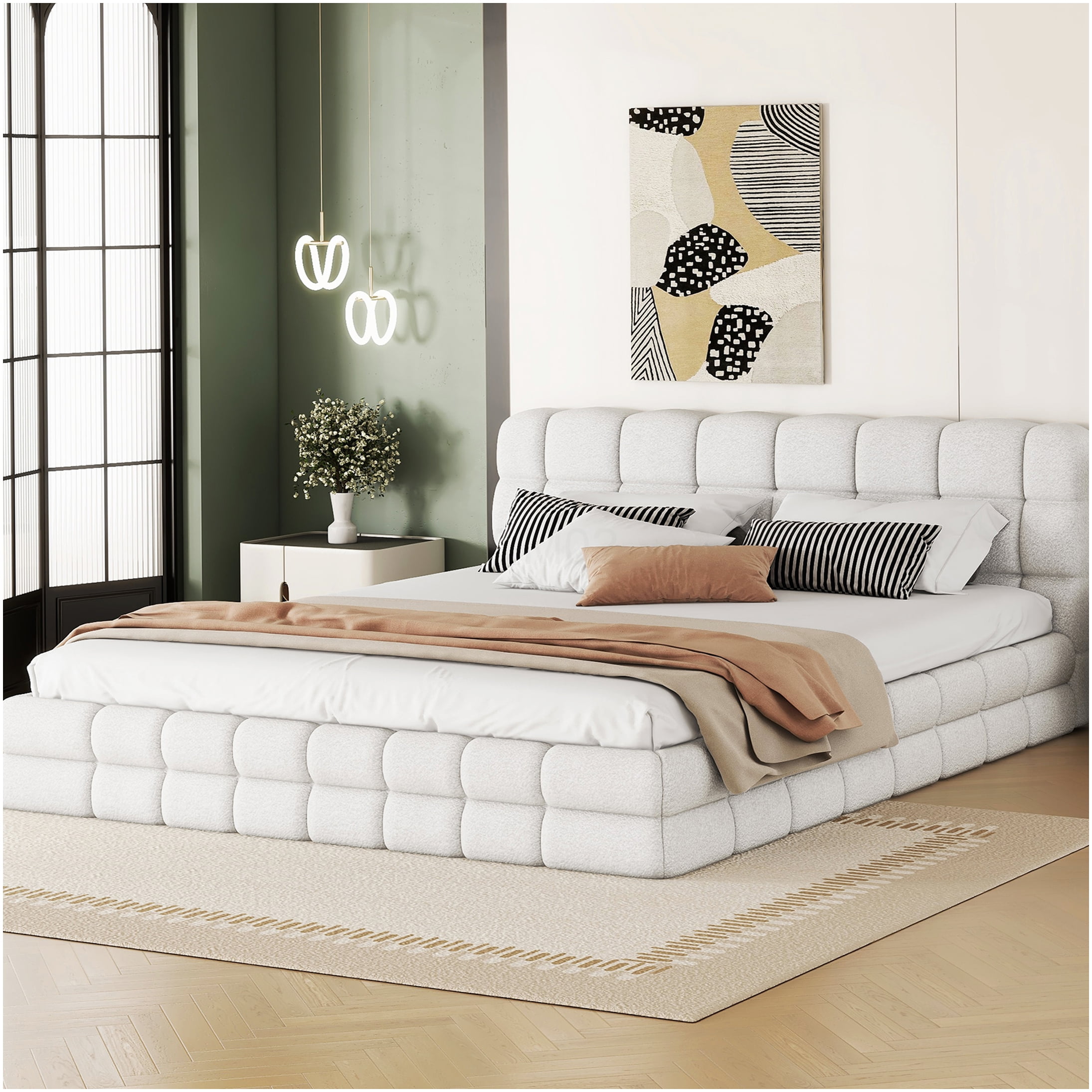 Queen Upholstered Bed Frame with Headboard, Modern Platform Bed with Wood Slat Support, No Box Spring Needed, White