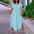 thumbnail image 2 of WTOBBY Women's Solid Color Slit Dress, Elegant Plus Size Short Sleeve V-Neck Casual Office Wear for Special Occasions Business Events and Cocktail Parties,Cyan L, 2 of 5