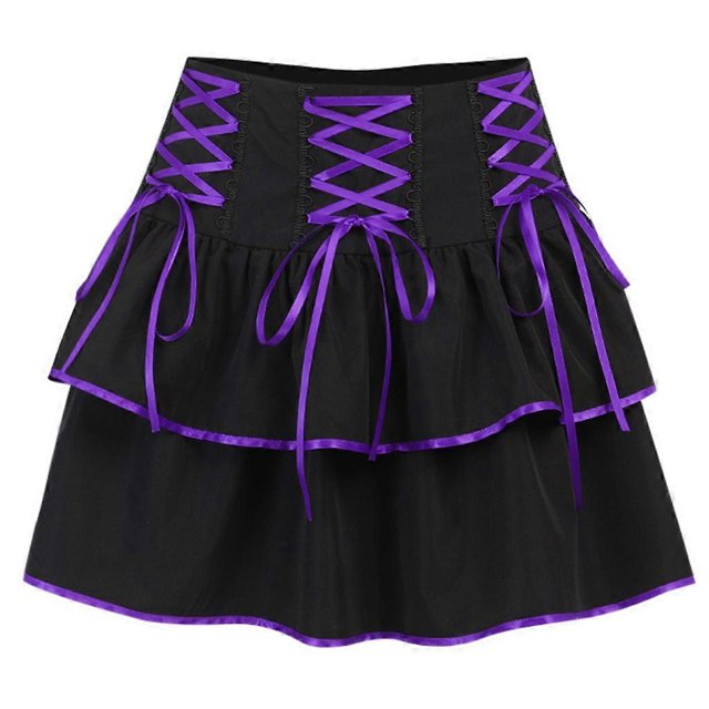 Women Goth Punk High Waist Pleated Flowy A-Line Mini Skirt Harajuku Contrast Color Crisscross Lace-Up Lolita Streetwear Purple L
