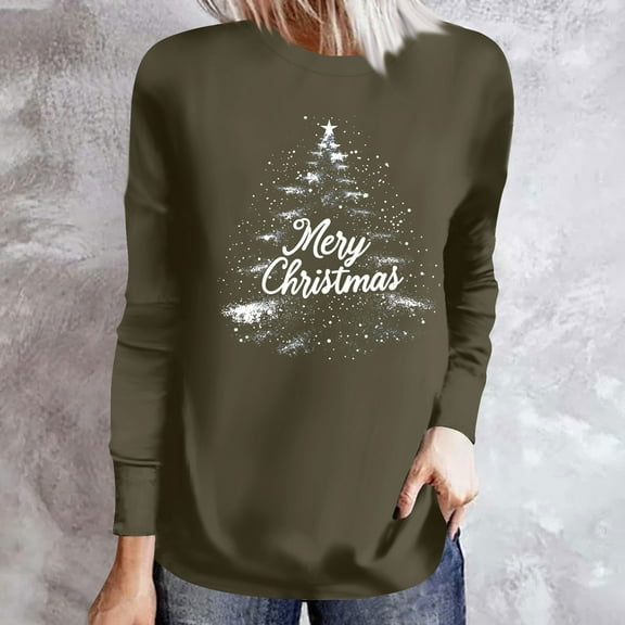 UPPADA Merry Christmas Sweatshirts for Women Christmas Tree Shirts Funny Plaid Holiday T Shirt Trendy Snowflake Long Sleeve Tops blusas de mujer manga larga sexi Army Green,L