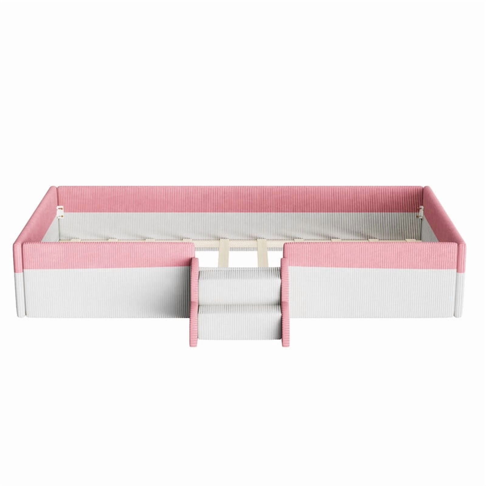 Twin Size Upholstered Floor Bed with Fence, 2-Tier Steps and Smart LED Lights, Corduroy Toddler Bed Platform Bed Frame with Guardrails and Wood Slats