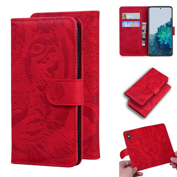 SaniMore Case for Samsung Galaxy S23 Tiger Embossing Flip Wallet, [RFID Blocking] PU Leather Magnetic Clasp Cover with Card Holder & Kickstand Full Body Protective Shell, Red