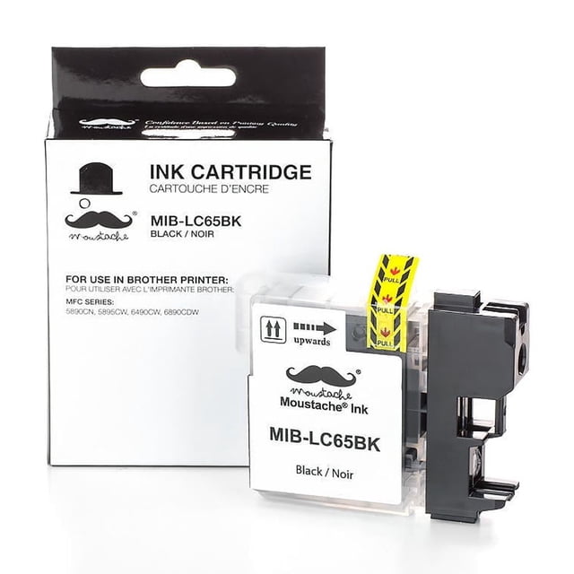Cartouche d'Encre Noire Compatible à Rendement Élevé pour Brother LC65BK par Moustache®, Montrée avec Son Emballage. la Cartouche Présente une Capacité de Rendement Élevée et Est Fabriquée à Partir de Nouveaux Composants pour une Compatibilité Sans Faille avec les Imprimantes Brother. l'Emballage Met en Valeur la Marque Moustache® et le Numéro de Modèle MIB-LC65BK.