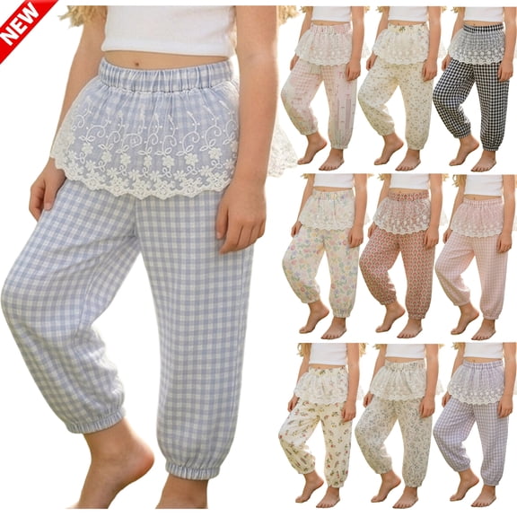 Tqyyweavej Girls' Gingham Pants Lace Trim Plaid Mosquito Pants Pull On Elastic Rised Loungwear Joggers for Baby Toddler 12M-12Y