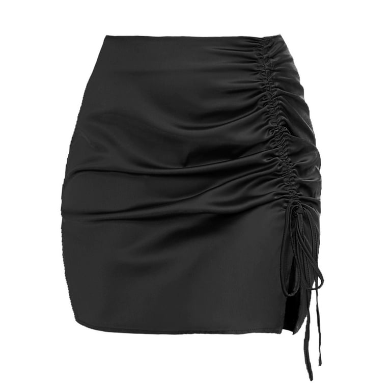 Women Ruched Skirt Slit Side Adjustable Drawstring Pencil Skirt 