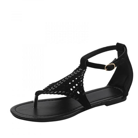 

Homedles Sandals Women- Vintage Breathable Hollow Woven Buckle Strap Flat Casual Sandals Slippers Black