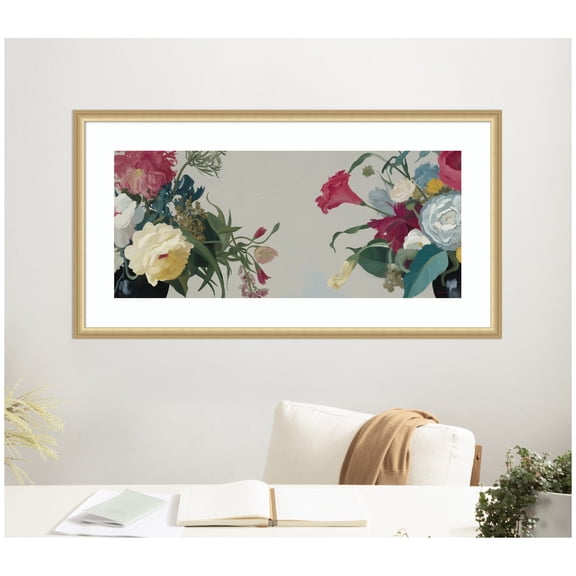 Kate and Laurel Framed Wall Art Print Romantic Blooms  by Mary Sparrow, 42 x 22, Florence Gold Frame, Traditional, Flower Art for Wall Decor