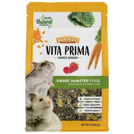 Sunseed Vita Prima Dwarf Hamster Food - Dry Food for Dwarf Hamsters - Vitamin-Fortified With Essential Nutrients - Supports Healthy Digestion and Healthy Teeth, 2 lb