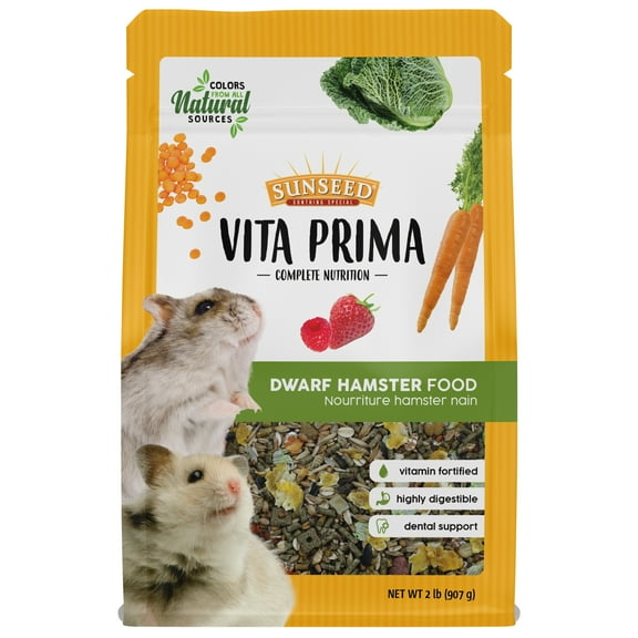 Sunseed Vita Prima Dwarf Hamster Food - Dry Food for Dwarf Hamsters - Vitamin-Fortified With Essential Nutrients - Supports Healthy Digestion and Healthy Teeth, 2 lb