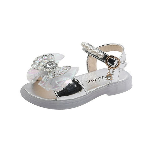 PINQI Girls Kids Dress Sandals Bow Beaded Buckle Adjusted Hook Loop Shoes Baby Girl Dance Barefoot Rubber Shoes Fashion Cute