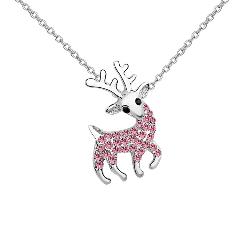 reindeer necklace with blue crystal drop Silver tone stag