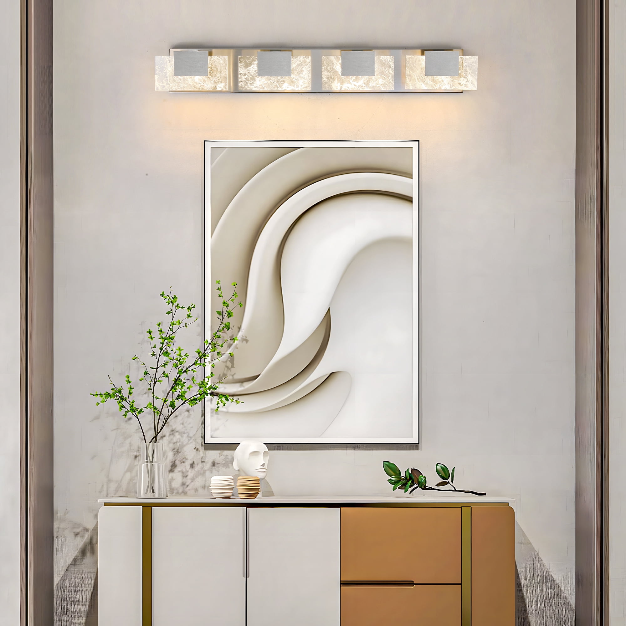 KAISITE 4-Light LED Modern Bathroom Lights over Mirror, Brushed Nickel Acrylic, Smoke Design, 3000K Wall Lights Fixture for Bedroom Living Room