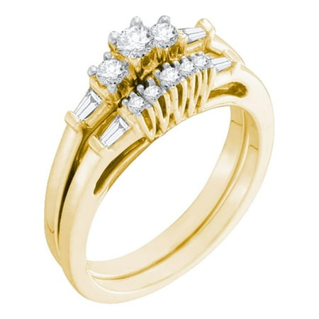 Gold Wedding Band Set - 10kt Yellow Gold Womens Round Diamond 3-Stone Bridal Wedding Engagement Ring Band Set 1/3 Cttw