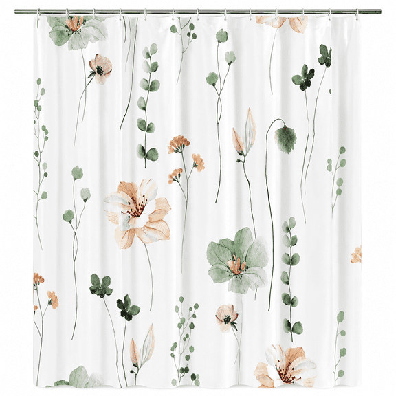 Watercolor Floral Shower Curtain, Sage Green Beige Flower Shower Curtain for Bathroom, Modern Minimalist White Waterproof Fabric Shower Curtain Set 72x72 Inch