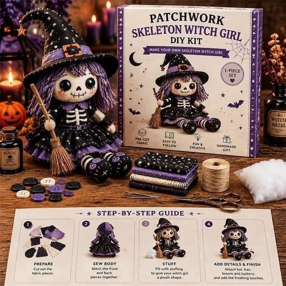 Patchwork Skeleton Witch Girl DIY Kit, Halloween DIY Patchwork Skeleton Set with 7 Styles Doll Making, Handmade Decor Ornament Gift for Craft Lovers, Beginner Sewing Project (cc1)