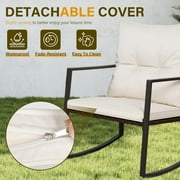 SOLAURA 3-Piece Outdoor Rocking Chairs Set with Table Patio Brown Wicker Bistro Set for Garden, Backyards and Pools, Beige Cushions
