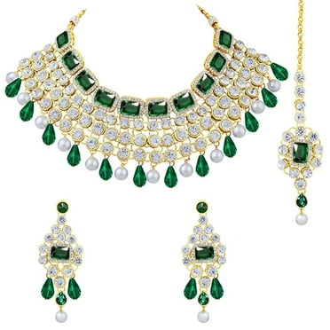 Crystal Choker Necklace with Maang Tikka Earrings Indian Traditional Bridal Wedding Jewellery Set for Women