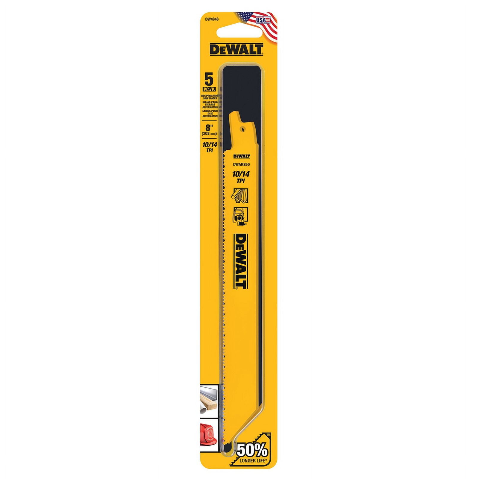 Dewalt DW4846 Bi-Metal Straight Reciprocating Saw Blade, 8in L x 3/4in W, 10/14 TPI