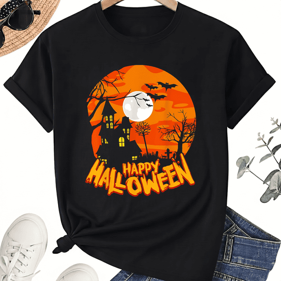 KeHetSoft Unisex Happy Halloween Haunted House Cotton Graphic T-Shirt