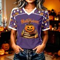 thumbnail image 2 of Yuncity Women Halloween Shirts Pumpkin Graphic Print V Neck Tees Summer Fall Baseball Short Sleeve T-Shirts Casual Loose Fashion Tops Size S, 2 of 5
