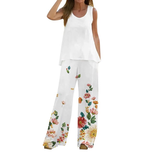 Mikilon Ensemble Stylé pour Femme 2 Pcs Décontracté Ample Imprimé Gilet Pantalon Long Sans Manches Col Rond Haut/chemise Ensemble Blanc m