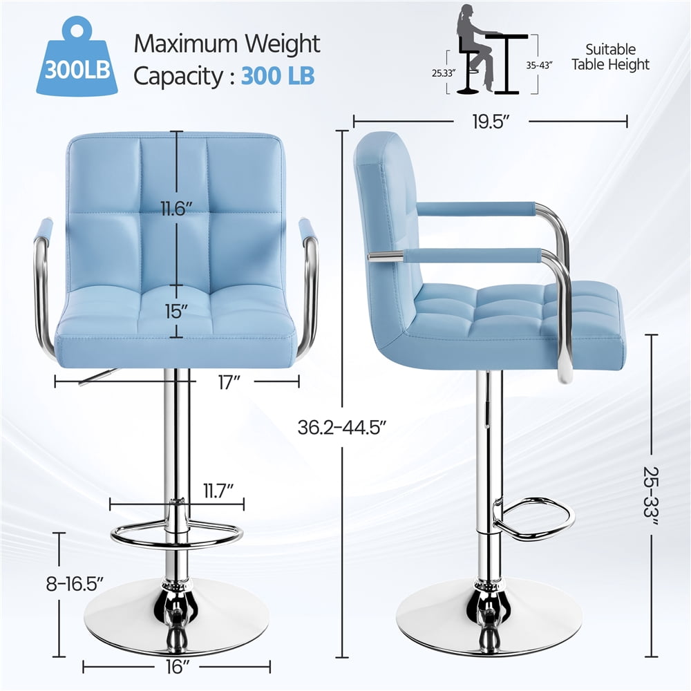 Yaheetech PU Leather Bar Stools with Large Steel Pedestal Base, Set of 2, Blue