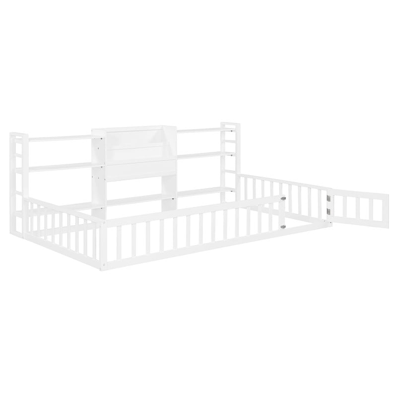 Twin Size Floor Bed with Integrated Bookcase and 3-Tier Storage Shelves, Low Profile Wood Toddler Bed Montessori Bed with Safety Guardrails for Boys Girls