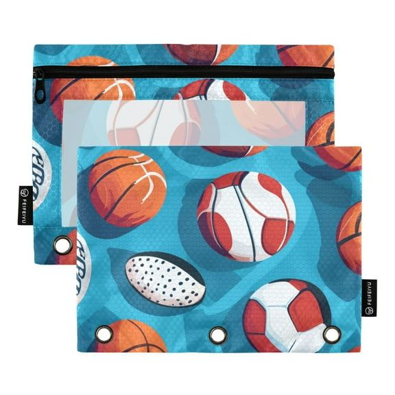 Pencil Pouch for 3 Ring Binder, Binder Pencil Case with Smooth Zipper, Clear Window Pencil Case for Binder, Big Capacity 3 Ring Binder Pencil Bag with 3 Reinforced Grommets. Blue Sports Ball Pattern