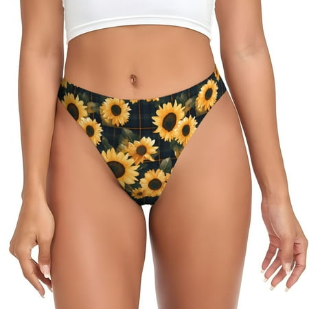 Thongs for Women - Scottish Blue Plaid Sunflower No Show Seamless Womens Thongs Underwear  Soft Stretch G String Thongs for Women Cuteness Ladies Thong Bikini Panties Briefs