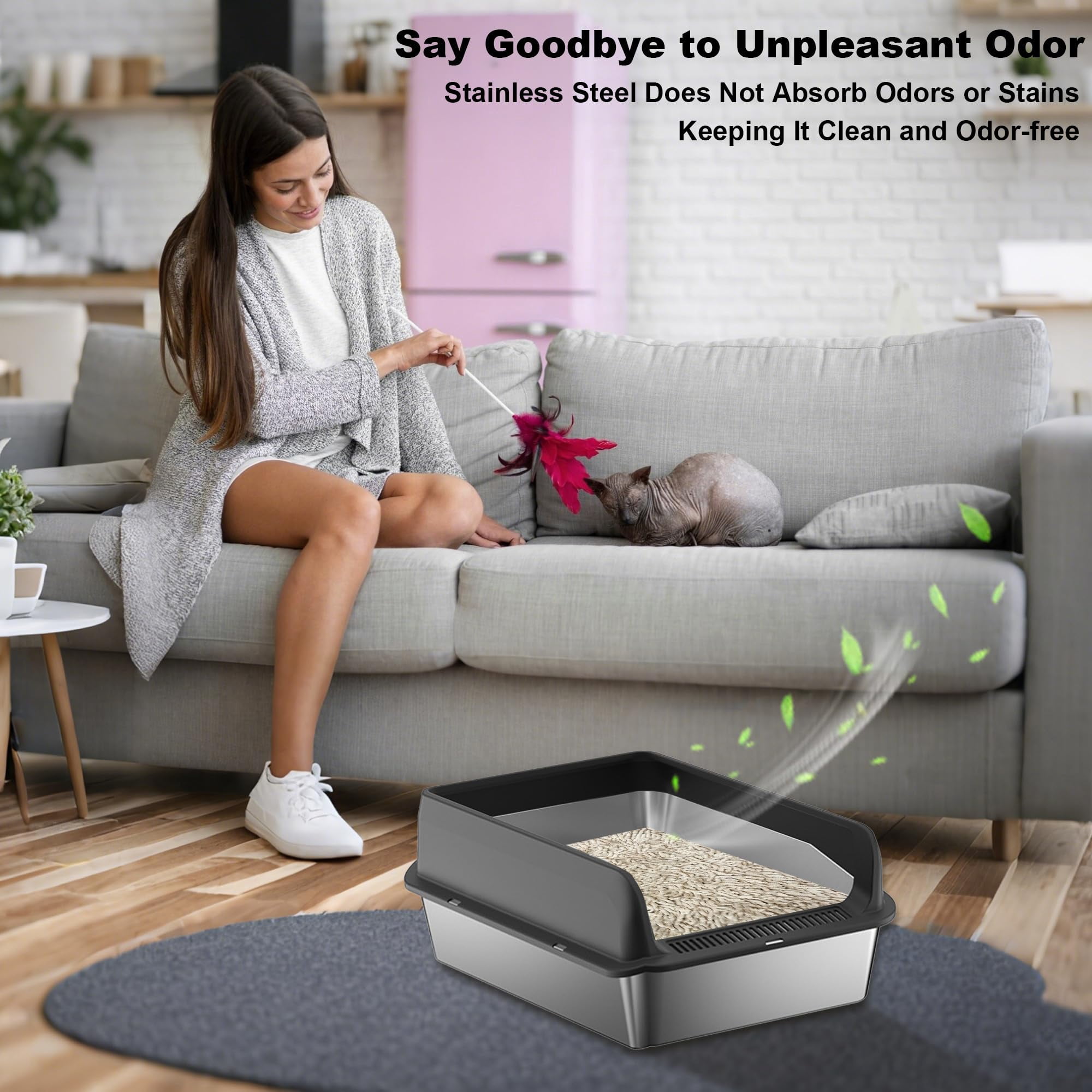 Yeshouse Stainless Steel Litter Box with Lid, Large Litter Box with Sifter Scoop and Double Layer Litter Mat, 6'' Deep Metal Cat Litter Box Non-Sticky and Easy to Clean