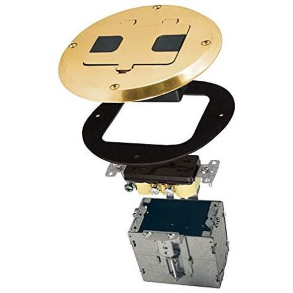 Hubbell-Raco 6239BP Single Gang Floor Kit with Recessed Duplex 15A TR Device and Adjustable Steel Box, Brass Finish