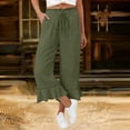 thumbnail image 7 of Linen Pants Women Summer Casual Ruffle Hem Wide Leg Drawstring Elastic Waist Capri Pants with Pockets Beach Vacation Travel Pants S, 7 of 7