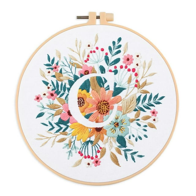 EastVita Embroidery Starter Kit for Beginners, Stamped Cross Stitch Kit with Floral Letter Pattern, DIY Embroidery Kit with Embroidery Cloth Hoops Instructions Needles Threads