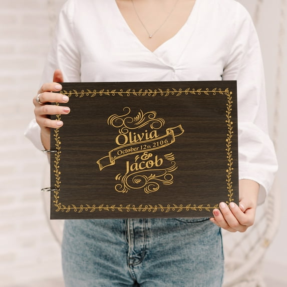 Darling Souvenir Personalized Engraved Laser Cut Wedding Guest Book Wooden Cover Sign-in Book Registry Guestbook Scrapbook-WT