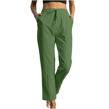 AOOCHASLIY Womens Pants Summer Clothes Women Solid Cotton Linen Ankle-Length Pants Pokets Casual Elastic Trousers Long Pants Trousers