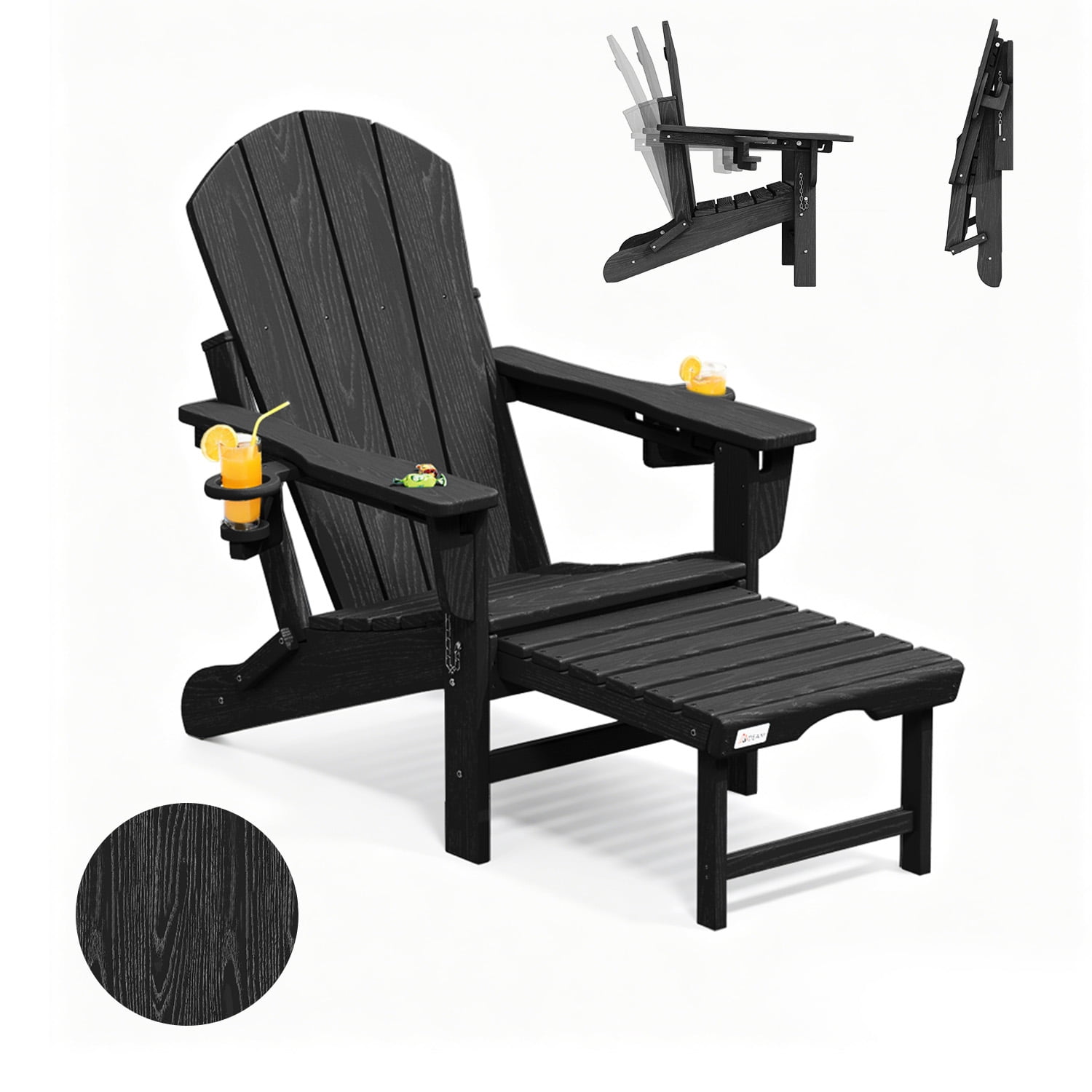 Erinnyees 3-Level Adjustable Adirondack Chair with Retractable Ottoman, HDPE All-Weather Folding Fire Pit Chair with 2 Cup Holders, Outdoor Chair for Garden