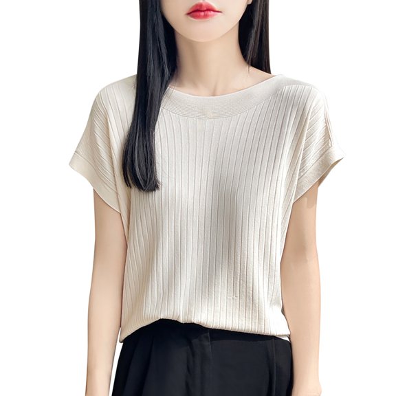 OSOLU Solid Color Loose Fit Ice Silk Knit T-Shirt Tshirts Tee For Women One Shoulder Design Short Sleeve Casual Tops Lightweight Basic Tee Leisure Women Tops Dressy Casual