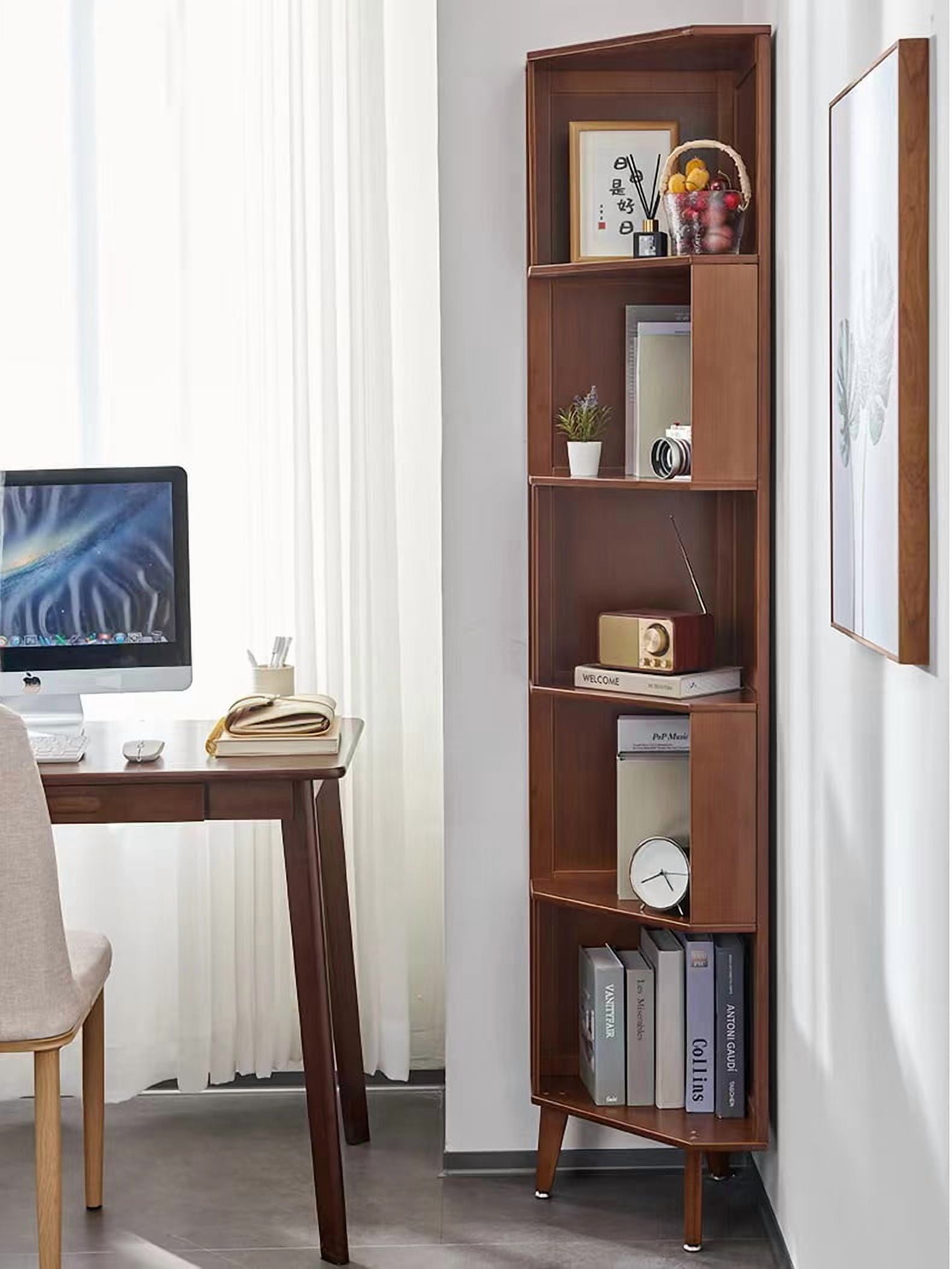 WILK 5-Tier Corner Bookshelf Bamboo Corner Bookcase, 71.5 Inch Tall Bookcase Cube,Wooden Open Storage Book Shelves Display Rack for Living Room, Home Office, Bedroom,Brown