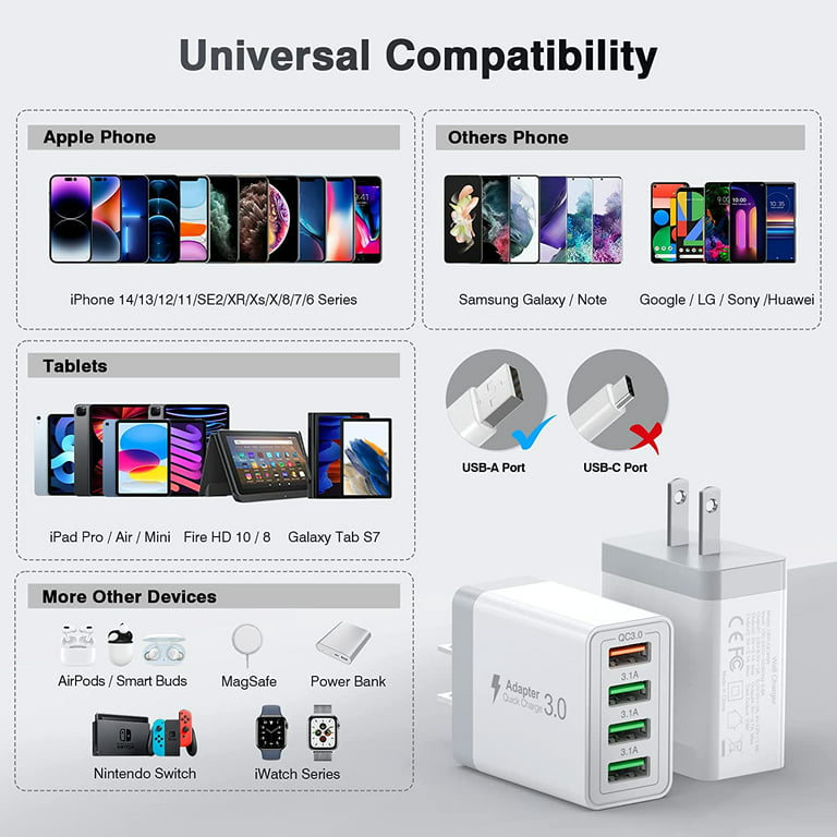  USB Charger 40W QC3.0 USB Wall Charger, 5V/3.1A 4-Port Charging  Block Fast USB Wall Plug for iPhone 12 Pro Max/Mini/11/XS Max/XR/X/8/7/6,  iPad, Samsung S8/S9, Note8/9, LG, HTC, Moto, Switch and More 