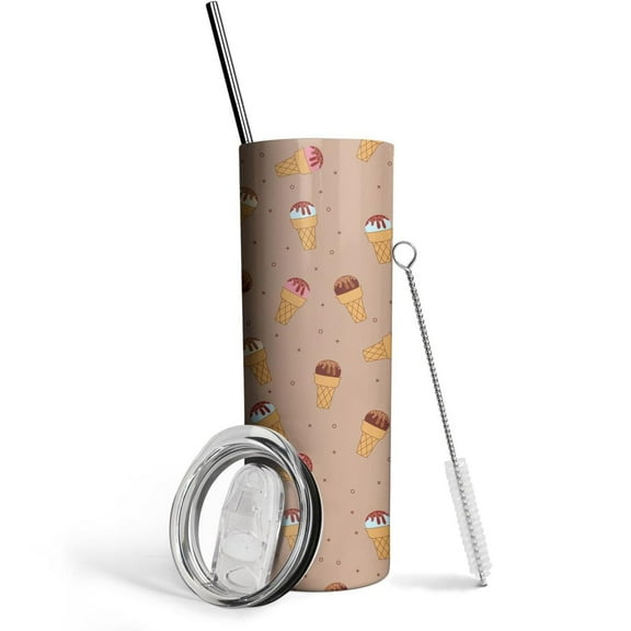 Ice Cream 20 Oz Skinny Tumbler with Lid and Straw - Double Wall Vacuum Insulated Tumbler- Insulated Travel Coffee Mug