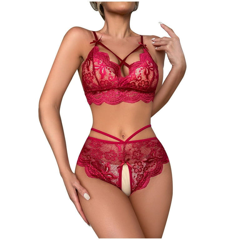 HOMBOM Crotchless Lingerie for Women Christmas Wine Two Piece Underwear  Lace Bow Nightwear Crotchless Underwear Lingerie Sets