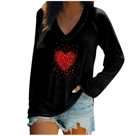 

Ichuanyi Womens Fall Tops Clearance Women Fashion Casual Loose Valentine s Day Print Full Sleeve V Neck Blouse Pullover