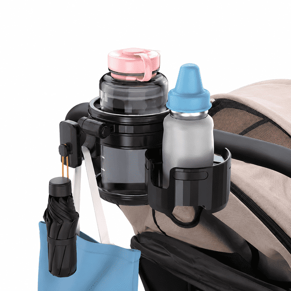 Universal Stroller Cup Holder with Phone Holder,360° Rotatable 3-in-1 , Stroller Cup & Phone Holder - Universal for Baby Strollers & Wagons, Bikes, Wheelchairs & More - Black